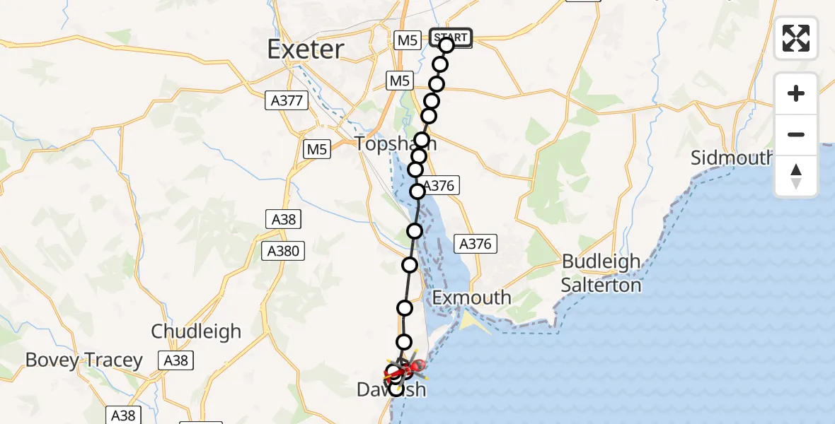Flight path map showing Air Ambulance Helicopter route from Exeter International Airport to Dawlish Warren