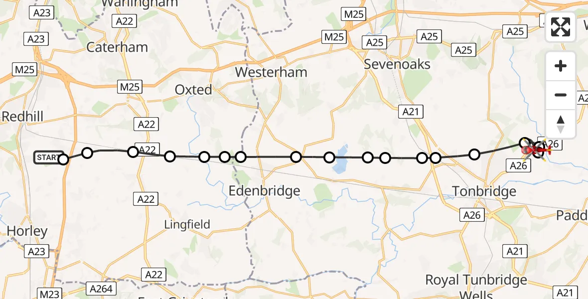 Flight path map showing Air Ambulance Helicopter route from Redhill Aerodrome to Hadlow