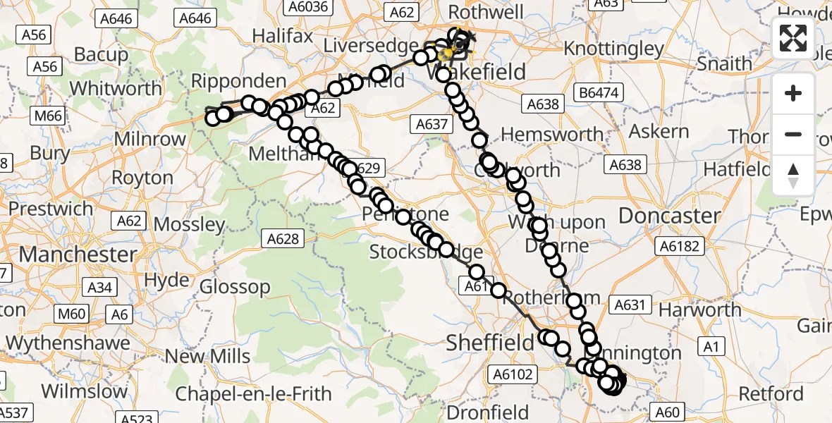Flight path map showing Police Helicopter route from East Ardsley to Wrenthorpe