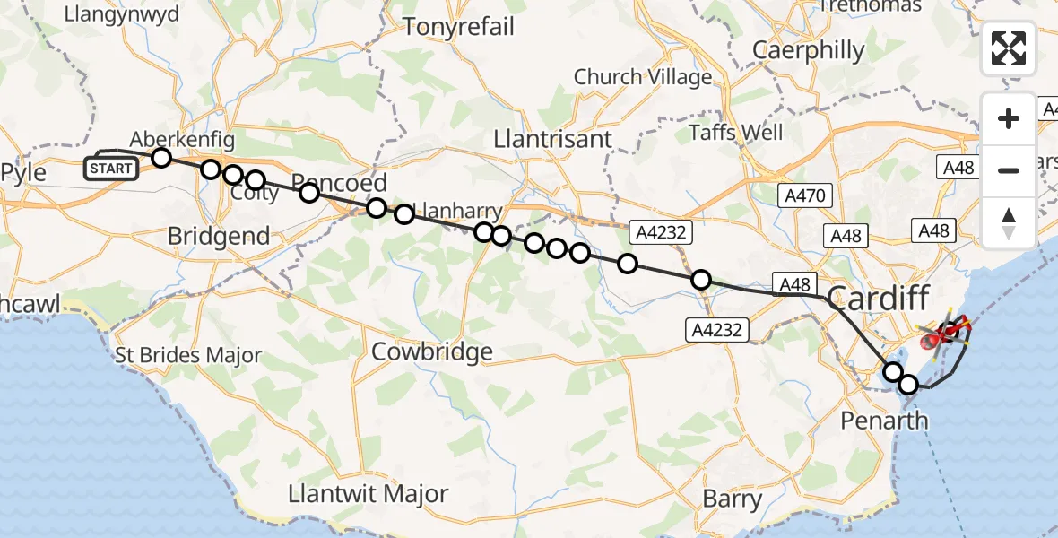 Routekaart van de vlucht: Air Ambulance Helicopter to Cardiff Heliport
