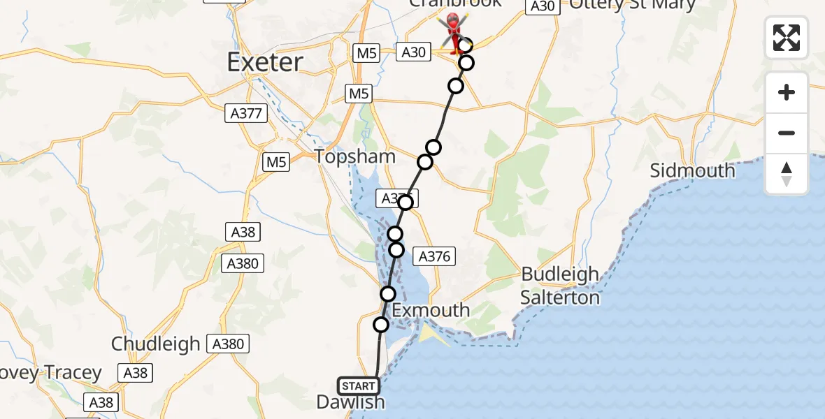 Flight path map showing Air Ambulance Helicopter route from Dawlish Warren to Exeter International Airport