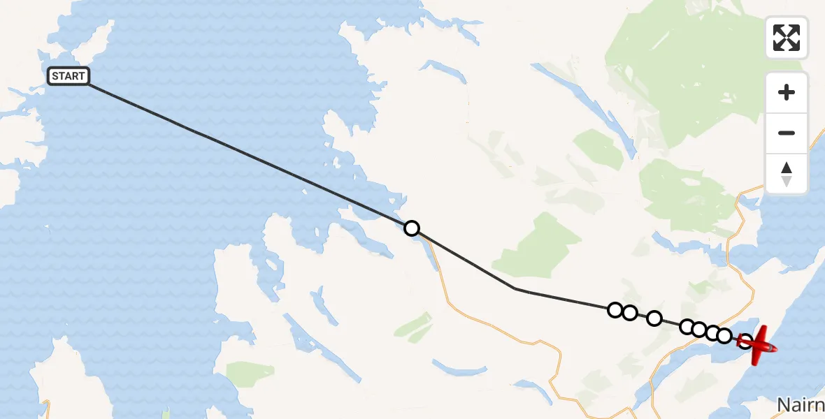 Flight path map showing Air Ambulance Aircraft route from Inner Seas to Cromarty