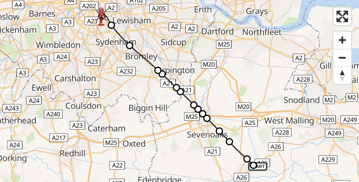 Flight path map showing Air Ambulance Helicopter route from Hadlow to Kings College London Hospital