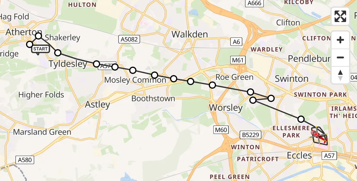 Flight path map showing Air Ambulance Helicopter route from Hindsford to Eccles