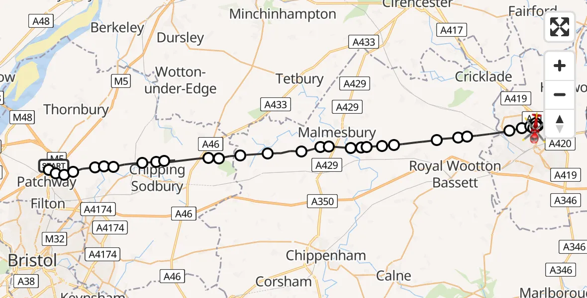 Flight path map showing Air Ambulance Helicopter route from Almondsbury Helicopter Base to Penhill