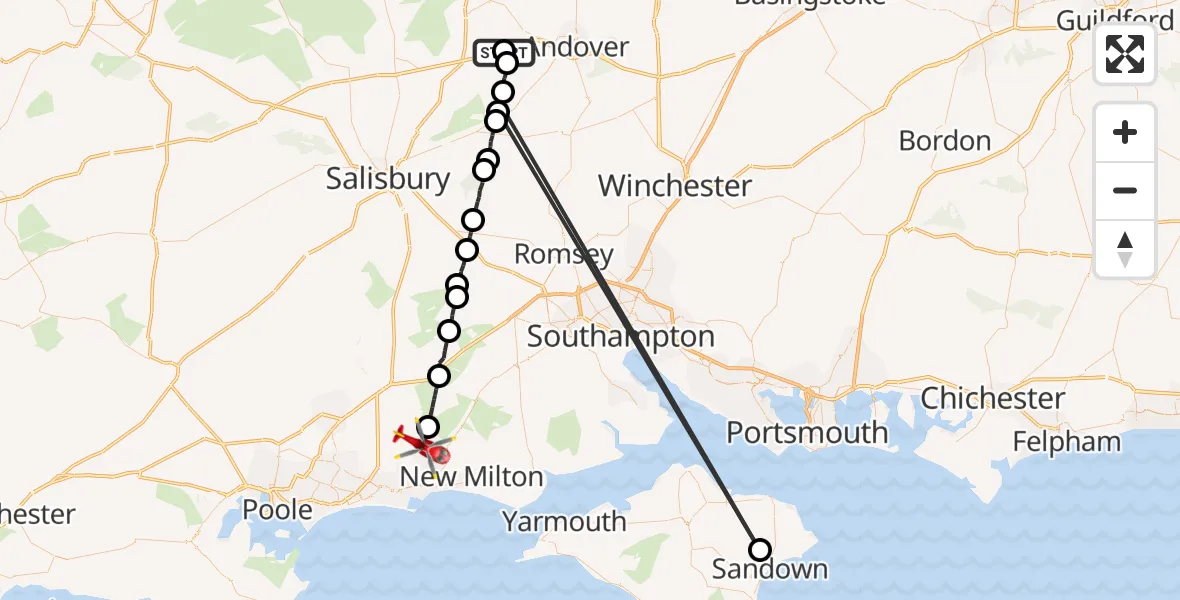 Flight path map showing Air Ambulance Helicopter route from Thruxton Aerodrome to Bransgore