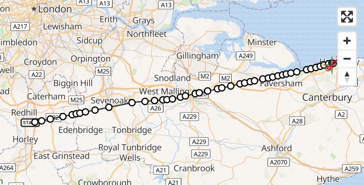 Flight path map showing Air Ambulance Helicopter route from Redhill Aerodrome to Herne Bay