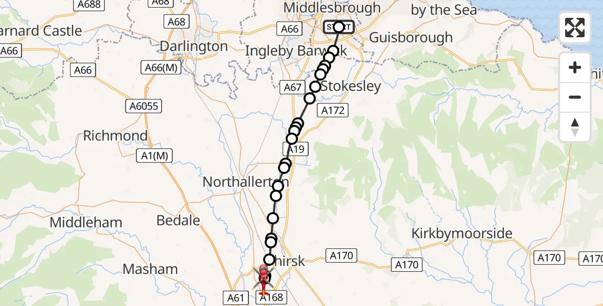 Flight path map showing Air Ambulance Helicopter route from James Cook University Hospital to RAF Topcliffe