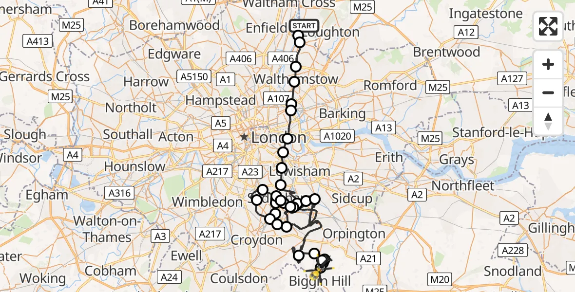 Flight path map showing Police Helicopter route from Sewardstonebury to London Biggin Hill Airport
