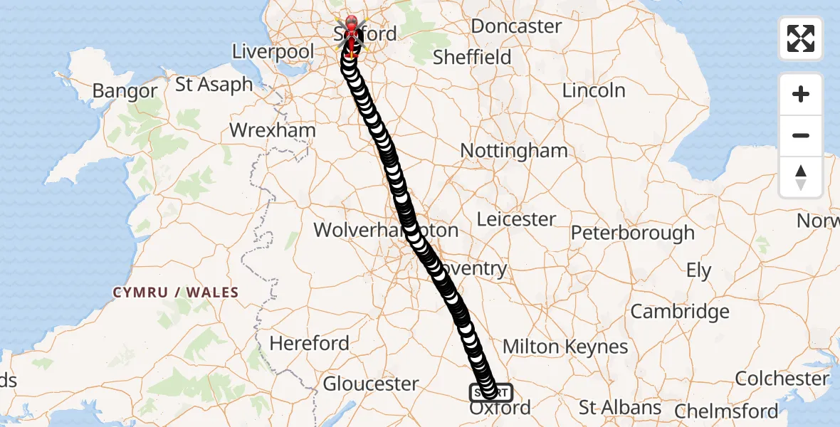 Flight path map showing Air Ambulance Helicopter route from London Oxford Airport to Manchester Barton Aerodrome