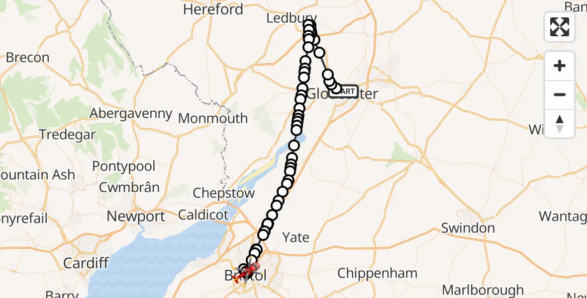Flight path map showing Air Ambulance Helicopter route from Gloucester to Bristol Royal Infirmary