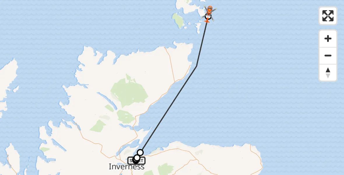 Flight path map showing Coastguard Helicopter route from Inverness Airport to North Atlantic Ocean