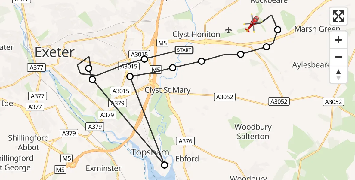 Flight path map showing Air Ambulance Helicopter route from East Devon to Exeter International Airport