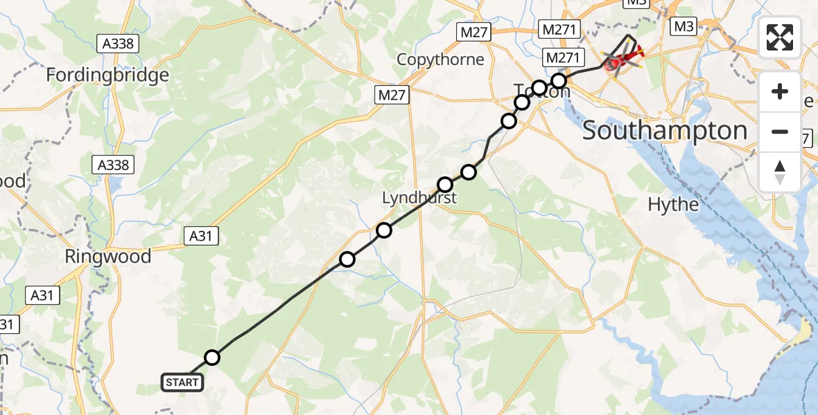 Routekaart van de vlucht: Air Ambulance Helicopter to University Hospital Southampton, Seymour Road