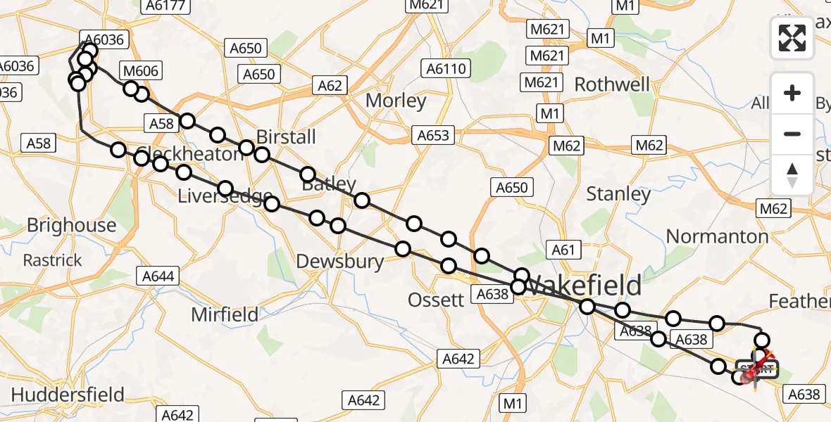 Flight path map showing Air Ambulance Helicopter route from YAA Nostell Helicopter Port to YAA Nostell Helicopter Port