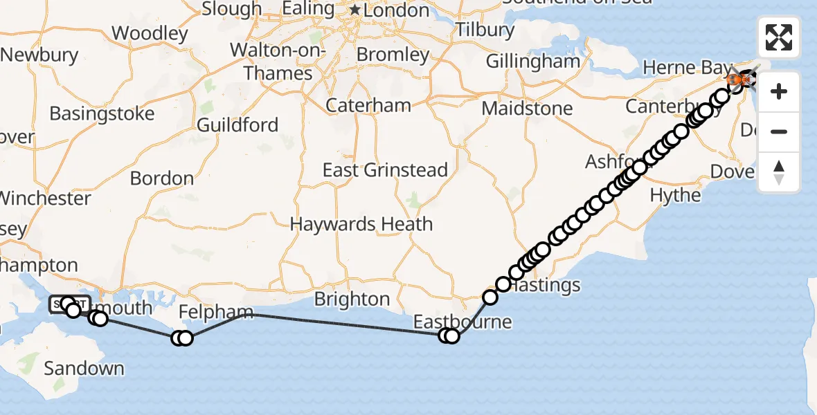 Flight path map showing Coastguard Helicopter route from Solent Airport to Manston Airport