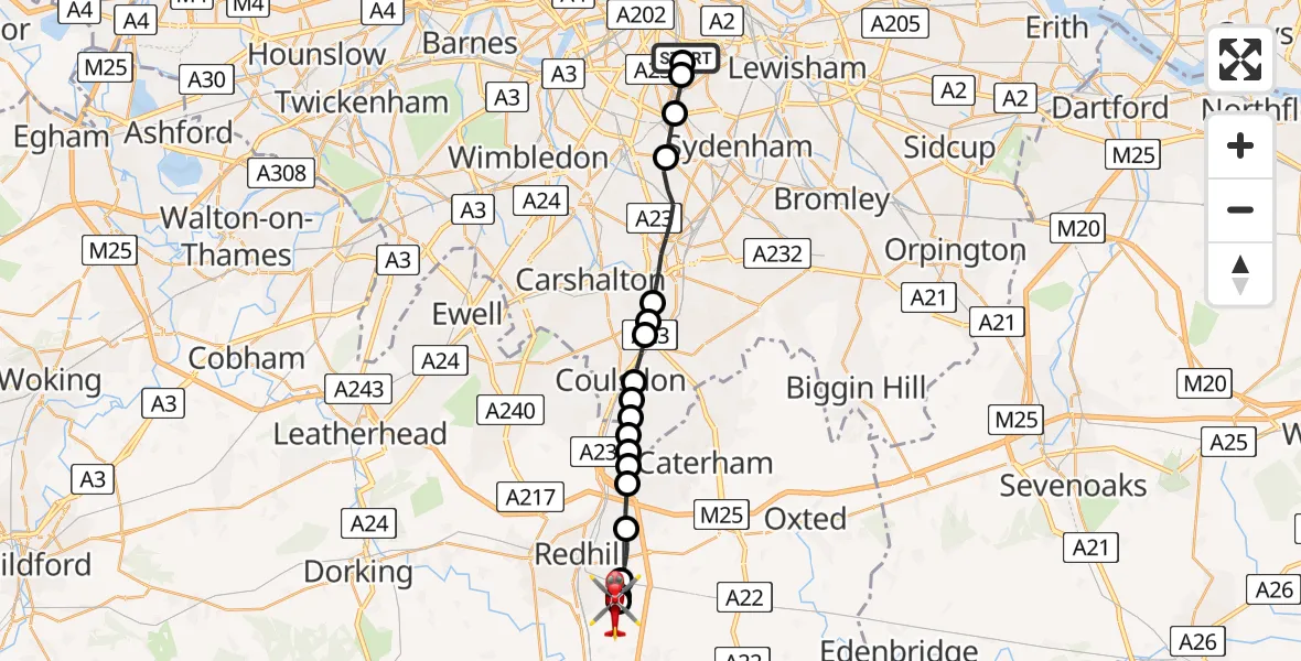 Flight path map showing Air Ambulance Helicopter route from Kings College London Hospital to Redhill Aerodrome