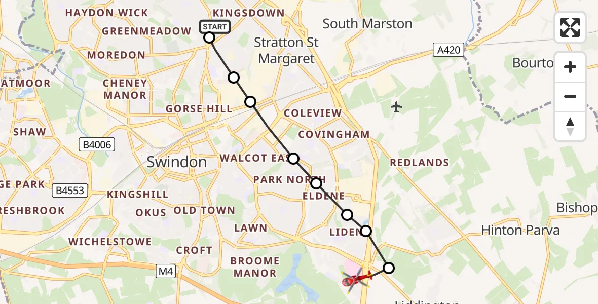 Flight path map showing Air Ambulance Helicopter route from Penhill to Great Western Hospital