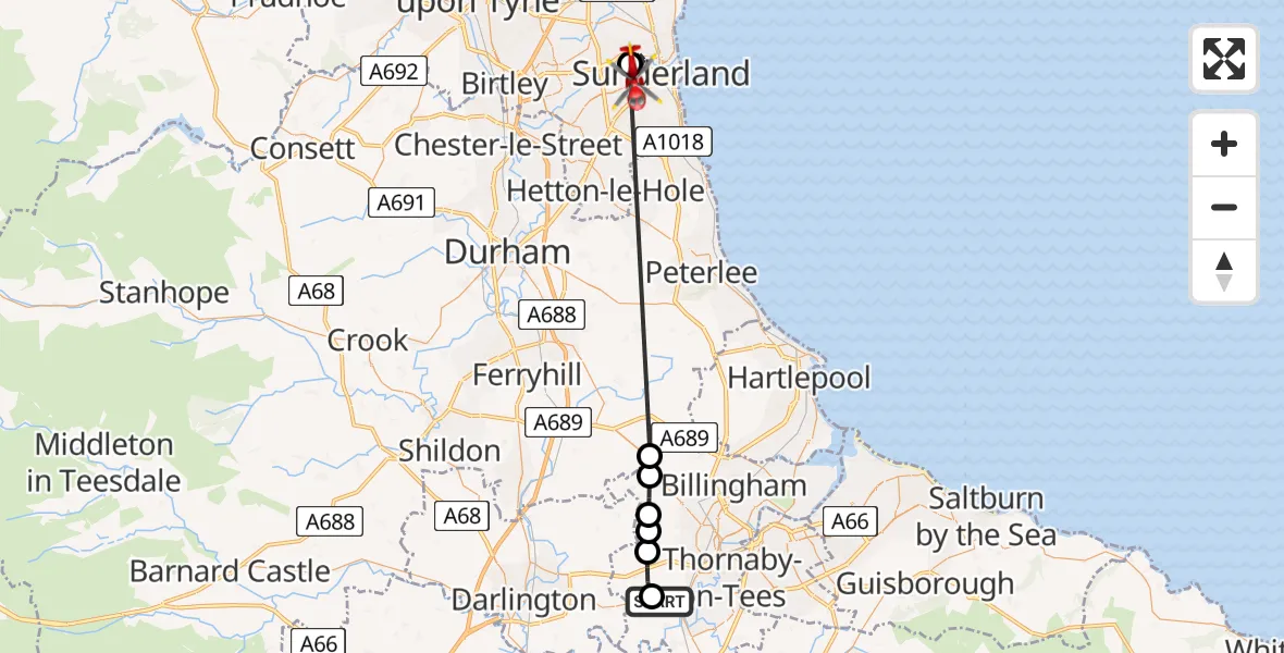 Flight path map showing Air Ambulance Helicopter route from Egglescliffe to Sunderland