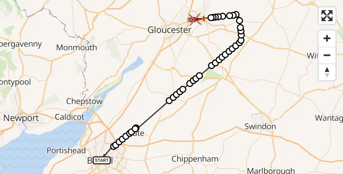 Flight path map showing Air Ambulance Helicopter route from Bristol to Cheltenham