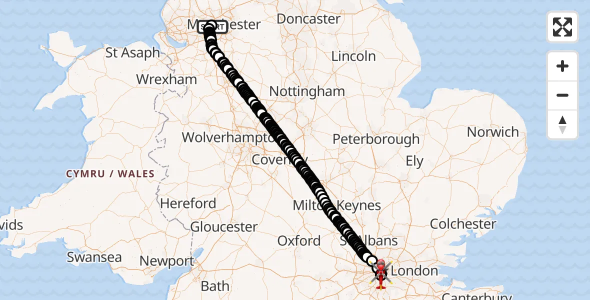 Flight path map showing Air Ambulance Helicopter route from Manchester Barton Aerodrome to London Heliport