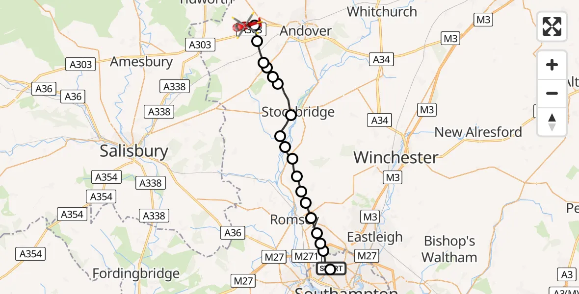 Flight path map showing Air Ambulance Helicopter route from University Hospital Southampton to Thruxton