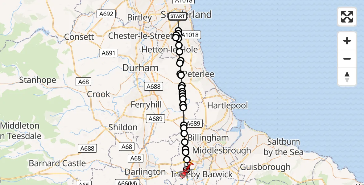 Flight path map showing Air Ambulance Helicopter route from Sunderland to Egglescliffe