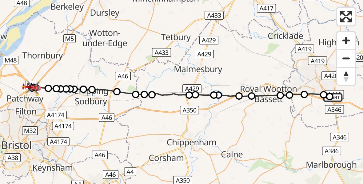 Routekaart van de vlucht: Air Ambulance Helicopter to Almondsbury Helicopter Base