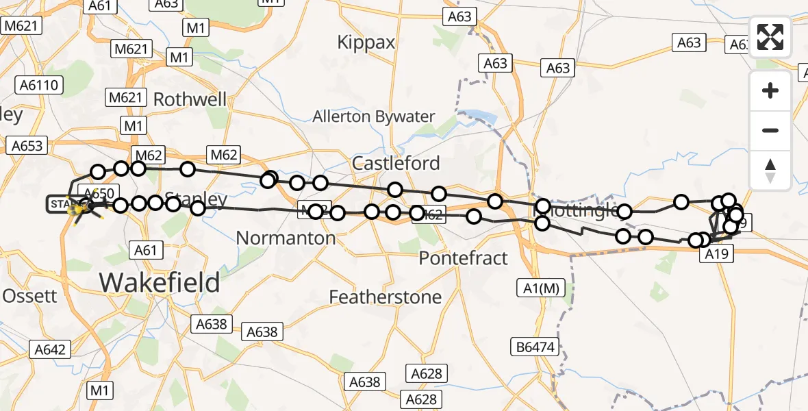Routekaart van de vlucht: Police Helicopter to East Ardsley, Stoney Lane