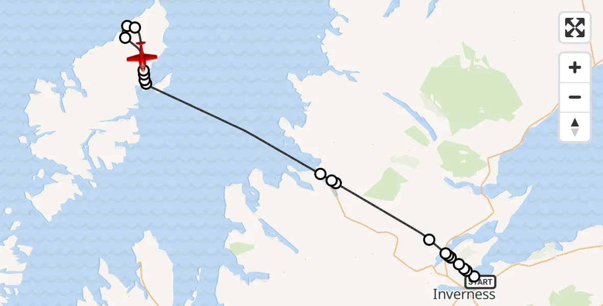 Flight path map showing Air Ambulance Aircraft route from Inverness to Gabhsann bho Dheas