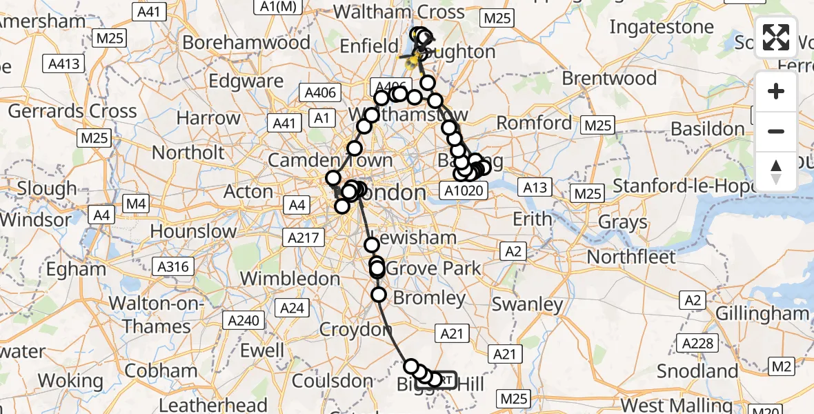 Routekaart van de vlucht: Police Helicopter to Sewardstonebury, Go Karts