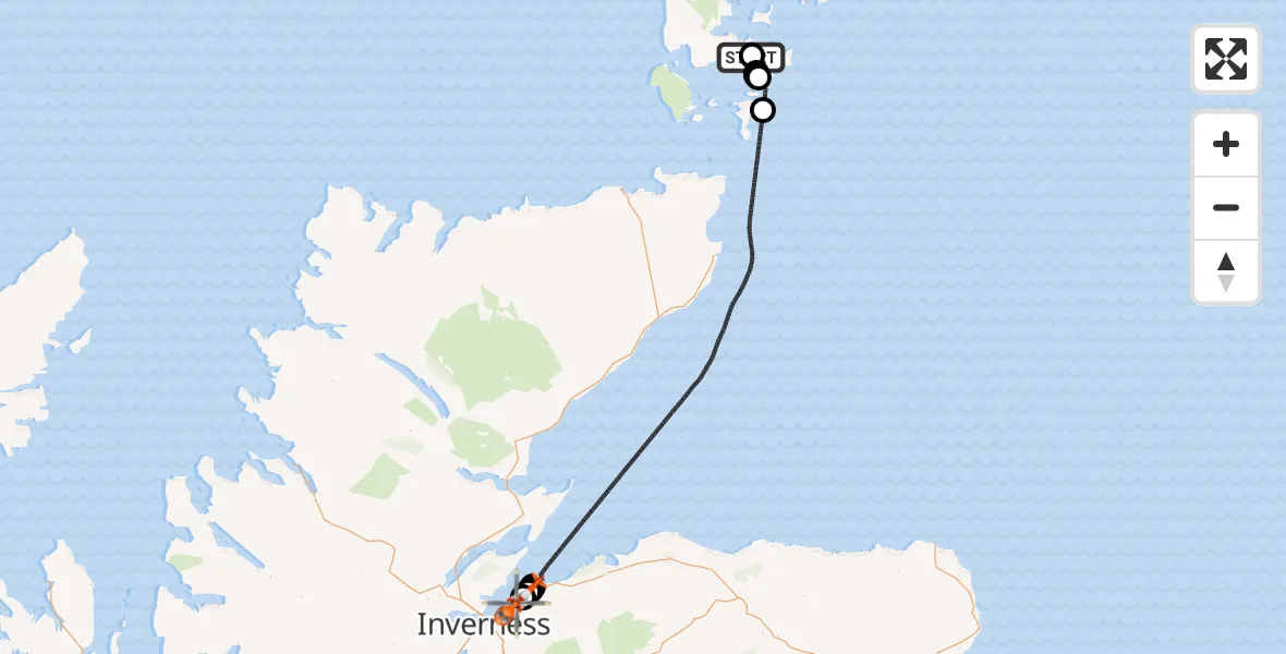 Flight path map showing Coastguard Helicopter route from Kirkwall Airport to Inverness Airport