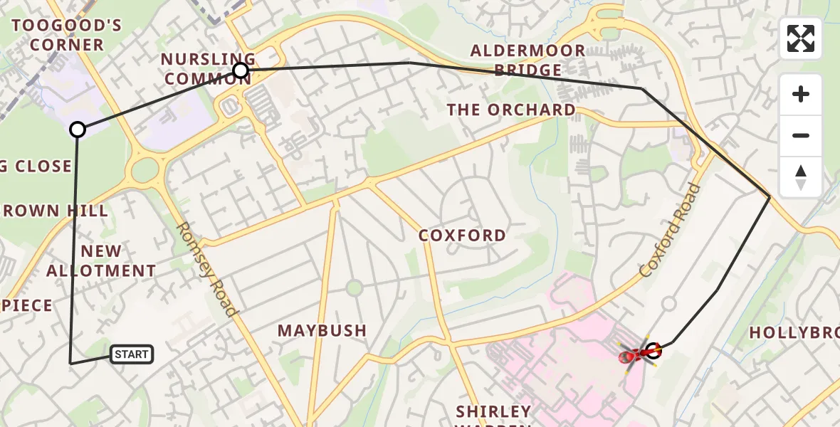 Flight path map showing Air Ambulance Helicopter route from Southampton to University Hospital Southampton