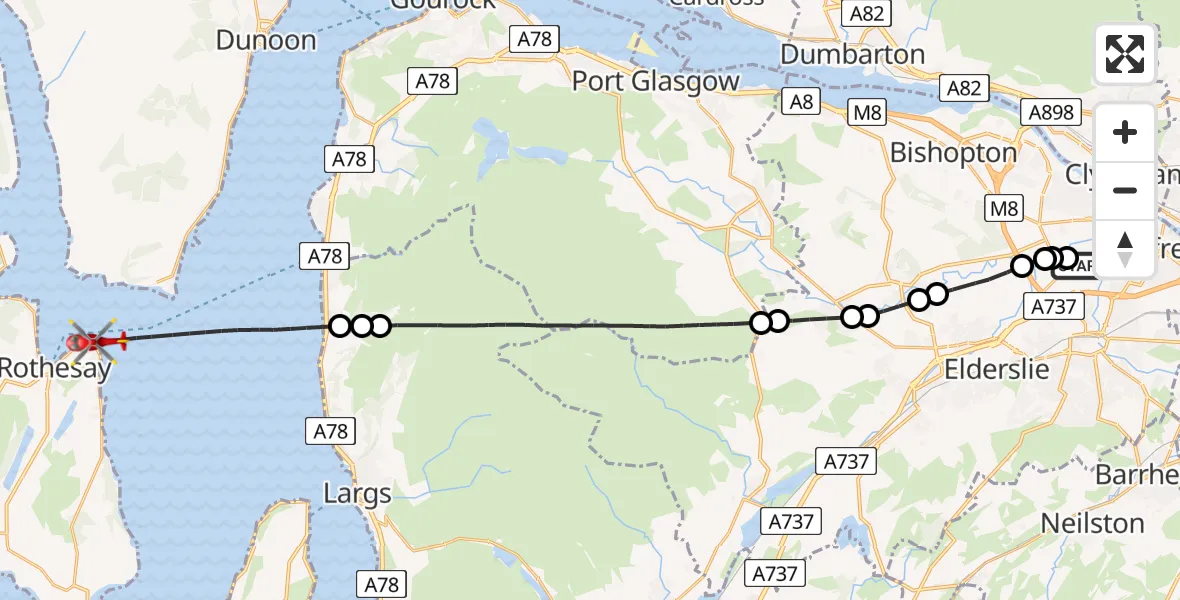 Flight path map showing Air Ambulance Helicopter route from Glasgow Airport to Inner Seas