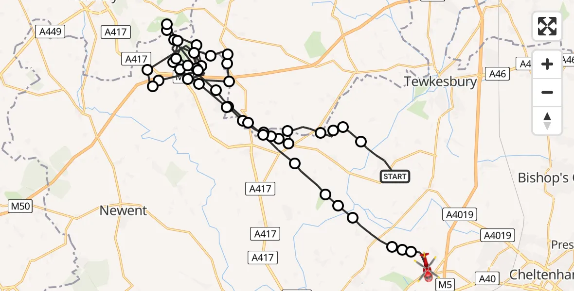 Routekaart van de vlucht: Air Ambulance Helicopter to Down Hatherley, Cheltenham Road East