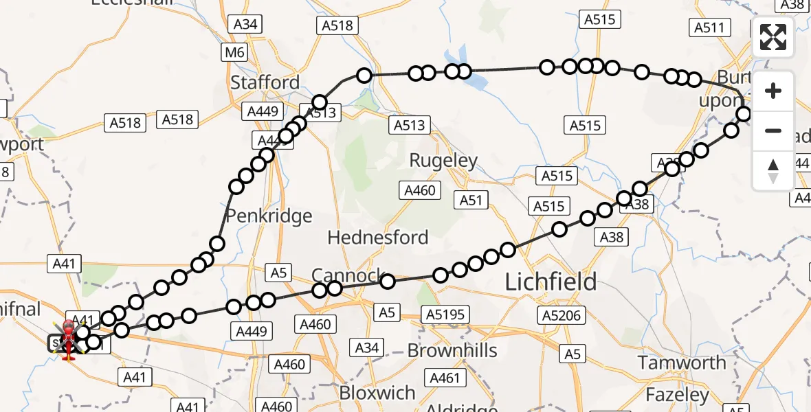 Flight path map showing Air Ambulance Helicopter route from RAF Cosford to Cosford