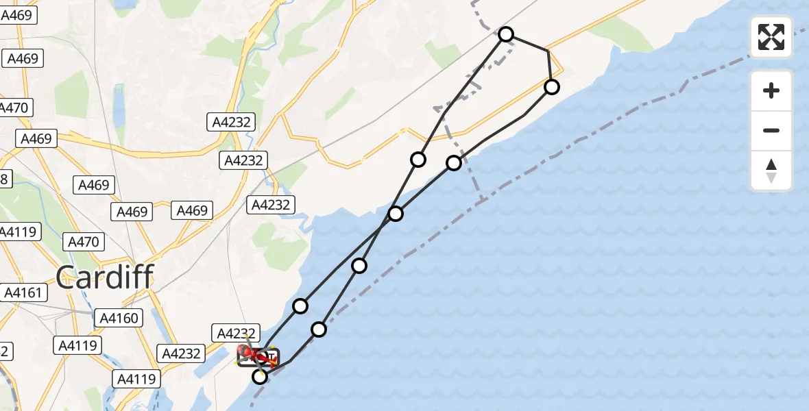 Flight path map showing Air Ambulance Helicopter route from Cardiff Heliport to Cardiff Heliport