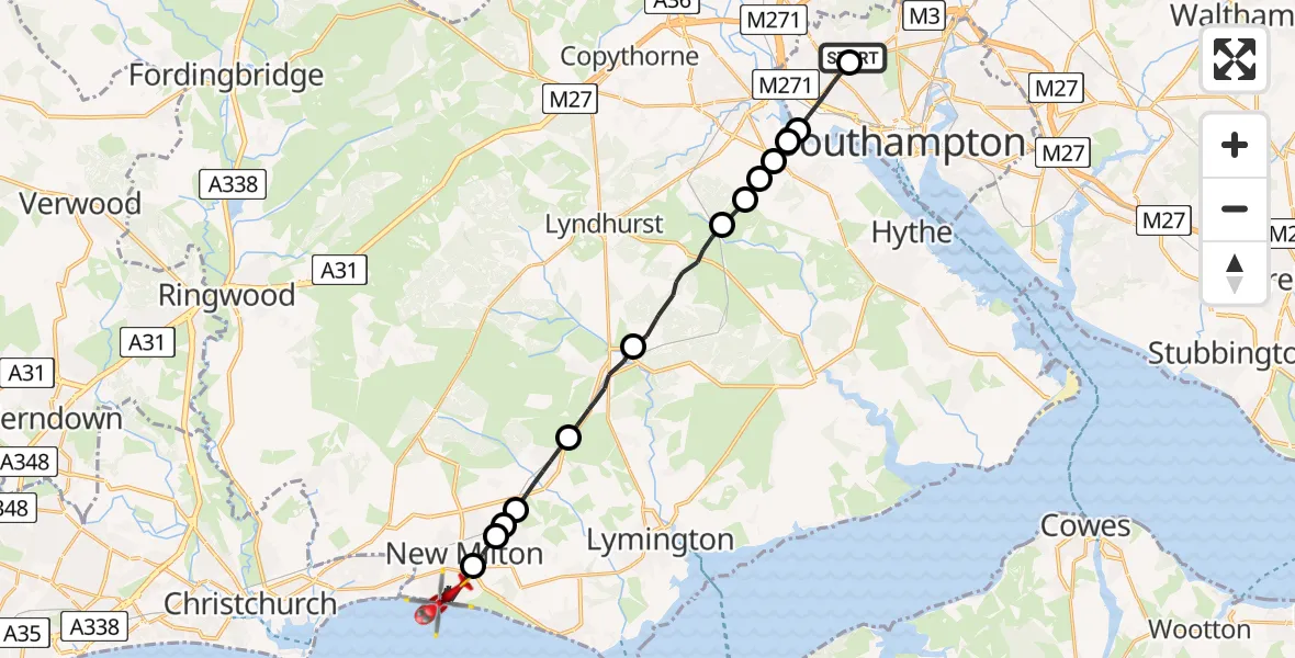 Flight path map showing Air Ambulance Helicopter route from University Hospital Southampton to Barton on Sea