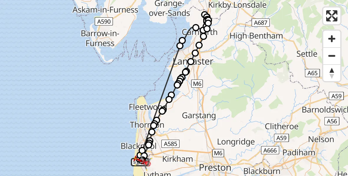 Flight path map showing Air Ambulance Helicopter route from Blackpool Airport to Blackpool Airport