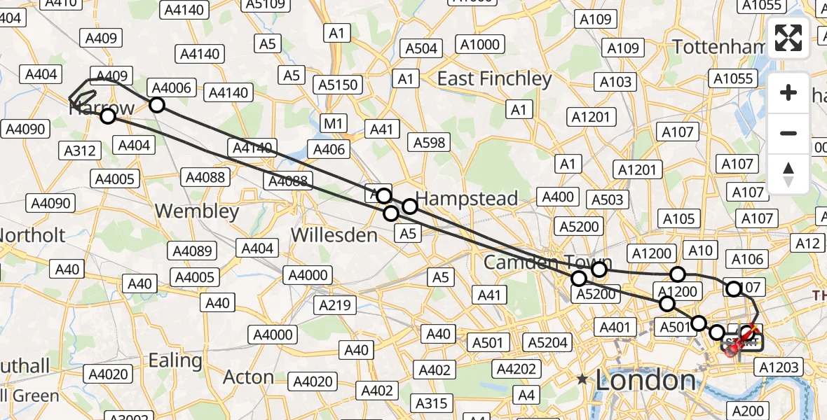 Flight route Air Ambulance Helicopter Royal London Hospital - Royal London Hospital, 12 March 2026, 13:28