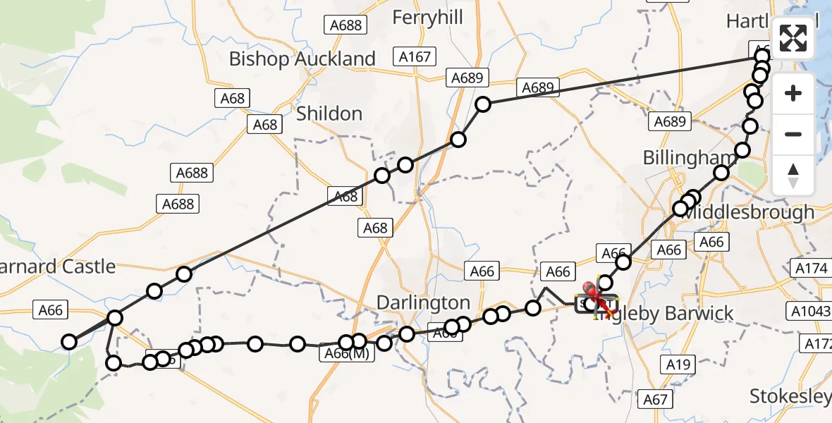 Flight path map showing Air Ambulance Helicopter route from Egglescliffe to Egglescliffe