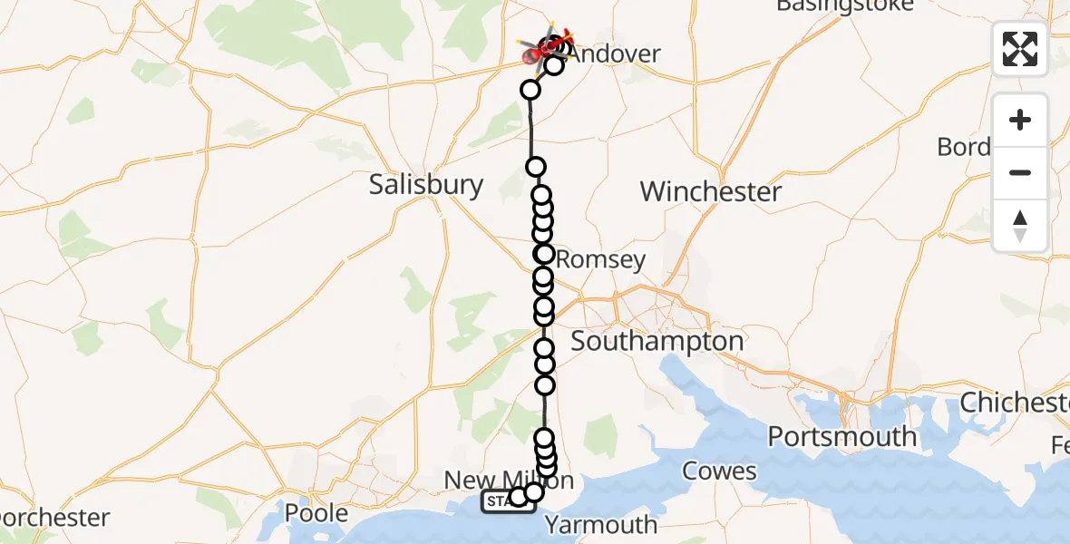 Routekaart van de vlucht: Air Ambulance Helicopter to Thruxton, Thruxton Hill