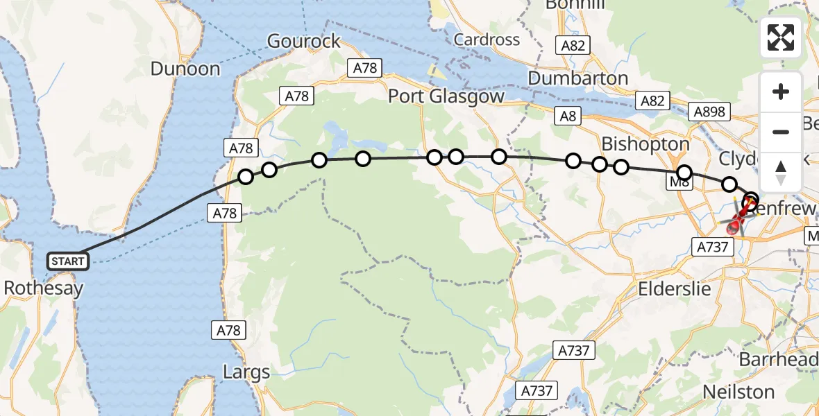 Flight path map showing Air Ambulance Helicopter route from Inner Seas to Glasgow Airport