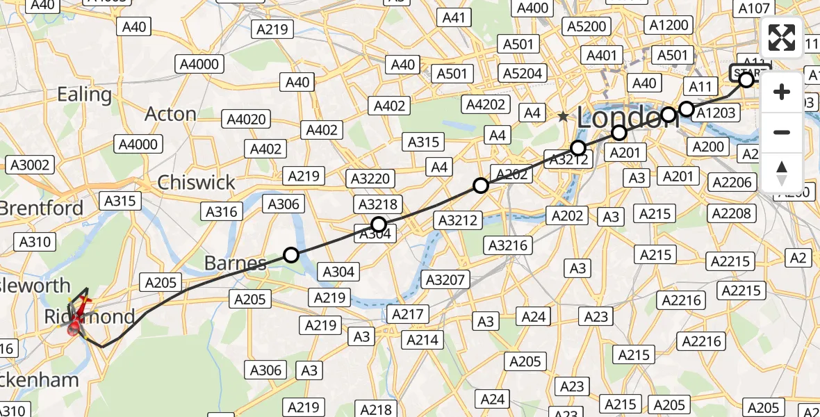 Flight path map showing Air Ambulance Helicopter route from Royal London Hospital to London Borough of Richmond upon Thames