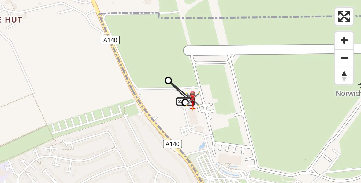 Flight path map showing Air Ambulance Helicopter route from Norwich Airport to Norwich Airport