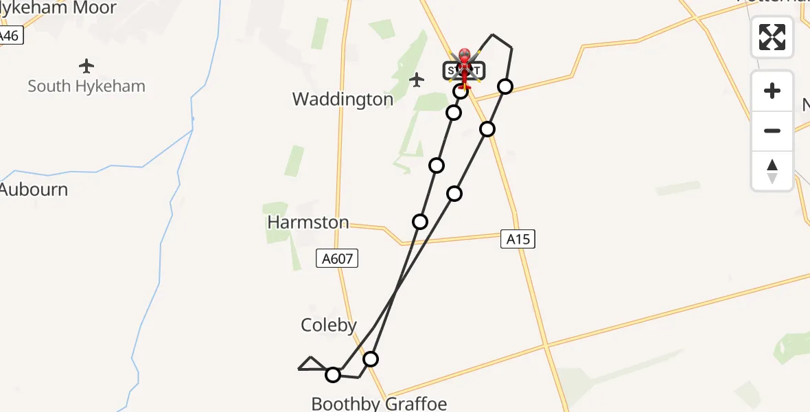 Flight path map showing Air Ambulance Helicopter route from RAF Waddington to North Kesteven