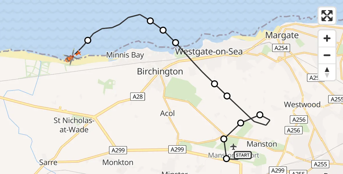 Flight path map showing Coastguard Helicopter route from Manston Airport to St Nicholas-at-Wade
