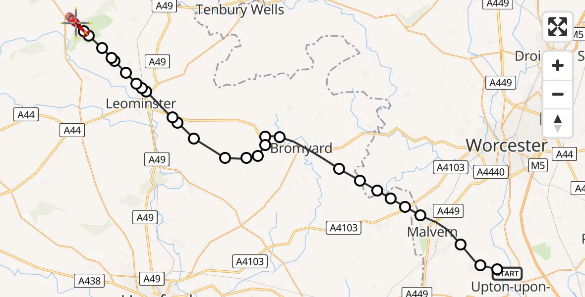 Flight path map showing Air Ambulance Helicopter route from Ripple to Aymestrey