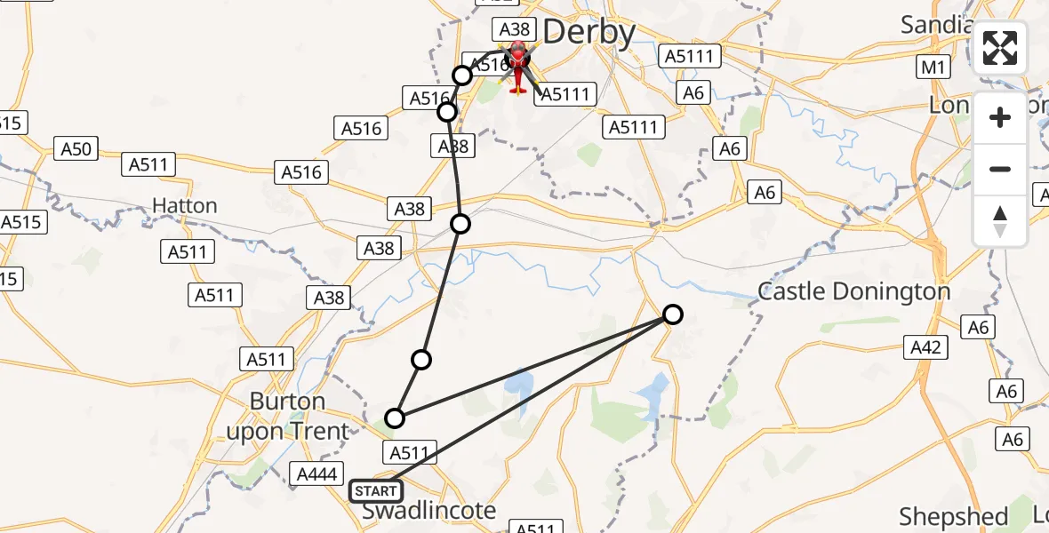 Flight path map showing Air Ambulance Helicopter route from Newhall to Royal Derby Trauma Unit