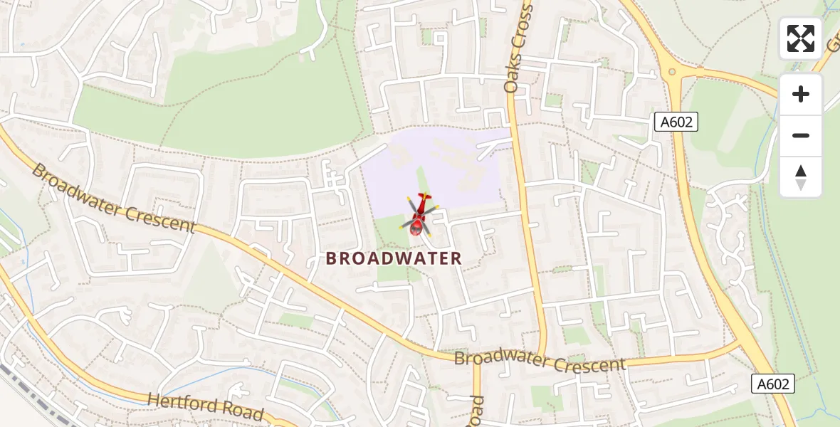 Flight path map showing Air Ambulance Helicopter route from Stevenage to Stevenage
